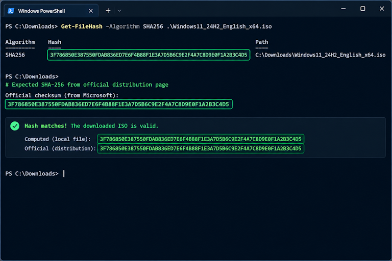 a terminal window showing the output of a SHA-256 checksum command for a downloaded operating-system ISO, with the 64-character hash visible next to the same value copied from the distribution's official checksum page, both highlighted to show they match exactly